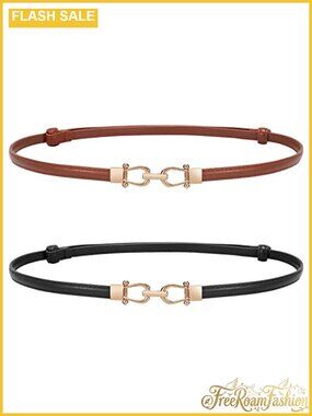 Women's Skinny Leather Belt Gold Alloy Buckle Adjustable Waist Jean Pants